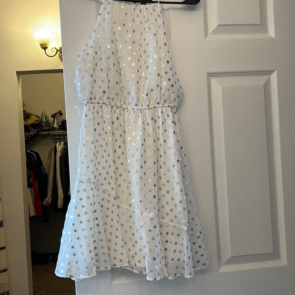 Crystal Doll Macy’s white dress with gold polka dots women’s size small